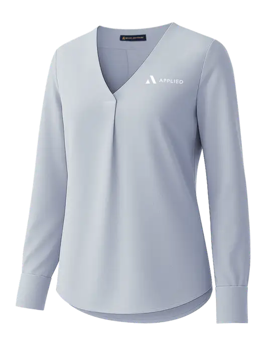 Brooks Brothers Womens Light Slate Blue Open-Neck Satin Blouse  w/Applied Logo