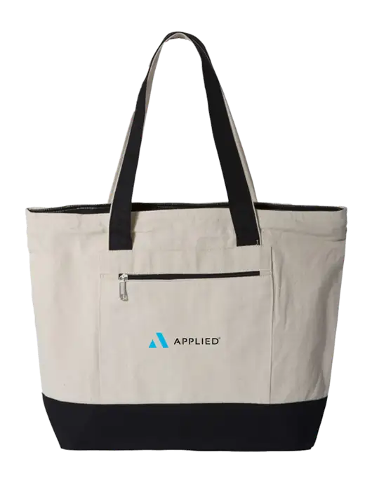 Natural/Black Zippered Tote  w/Applied Logo