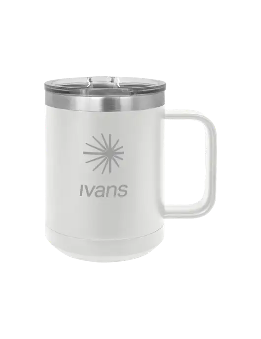 Polar Camel 15 oz Powder Coated White Vacuum Insulated Mug with Slider Lid w/IVANS Logo