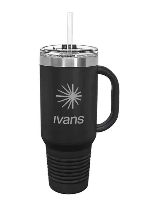 Polar Camel 40 oz. Powder Coated Vacuum Insulated Black Travel Mug with Straw w/IVANS Logo