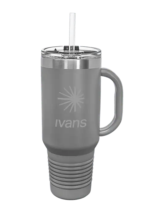 Polar Camel 40 oz. Powder Coated Vacuum Insulated Grey Travel Mug with Straw w/IVANS Logo