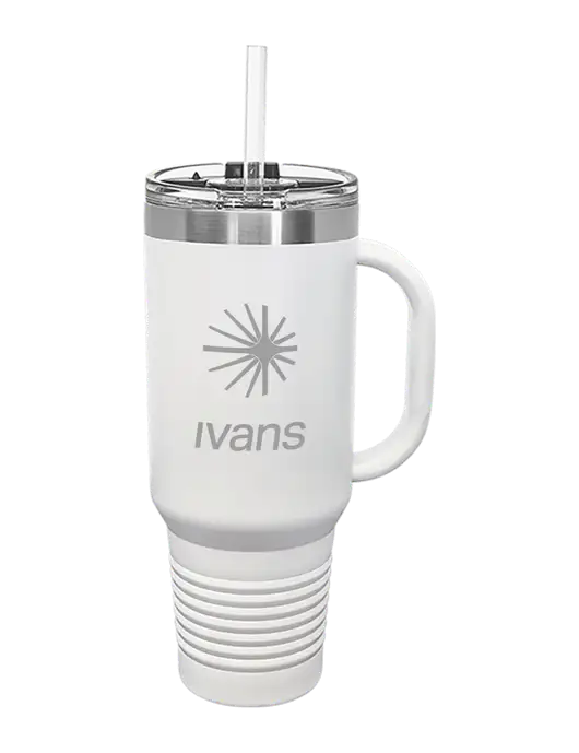 Polar Camel 40 oz. Powder Coated Vacuum Insulated White Travel Mug with Straw w/IVANS Logo