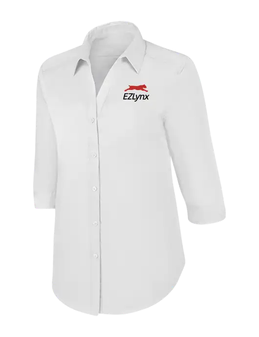Womens White 3/4 Sleeve Carefree Poplin Shirt w/EZLynx Logo