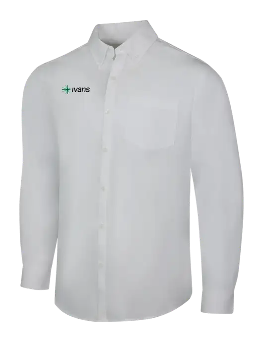 White Long Sleeve Carefree Poplin Shirt w/IVANS Logo