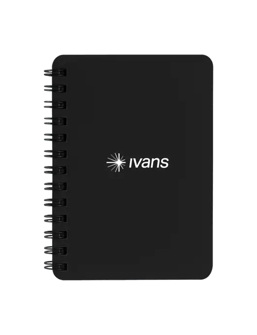 Sturdy Black Hardcover Notebook, 5.25 x 7 w/IVANS Logo