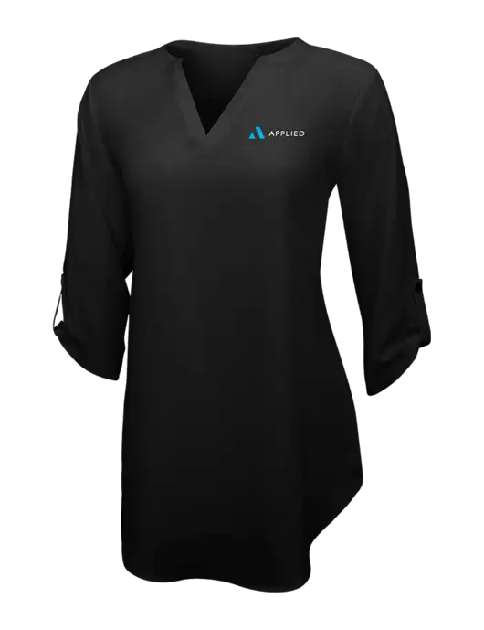 Womens Black 3/4 Sleeve Tunic Blouse w/Applied Logo