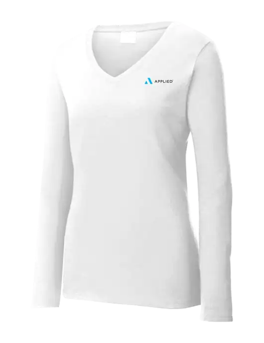 Womens  V-Neck Ring Spun White 4.5 oz Long Sleeve T-Shirt w/Applied Logo