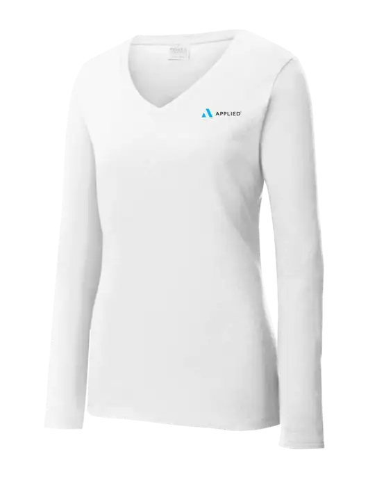Womens  V-Neck Ring Spun White 4.5 oz Long Sleeve T-Shirt w/Applied Logo