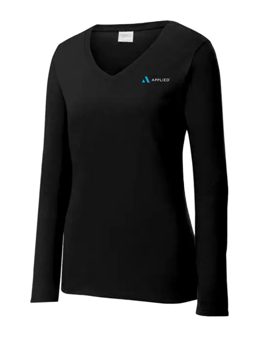 Womens V-Neck Ring Spun Jet Black 4.5 oz Long Sleeve T-Shirt w/Applied Logo