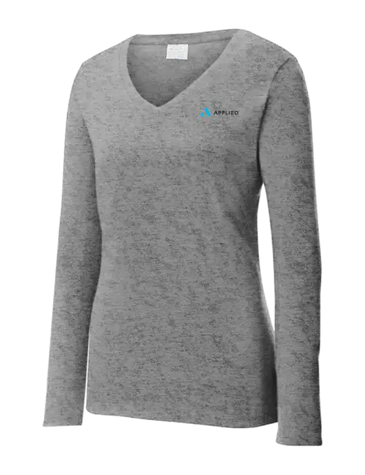 Womens  V-Neck Ring Spun Grey Heather 4.5 oz Long Sleeve T-Shirt w/Applied Logo