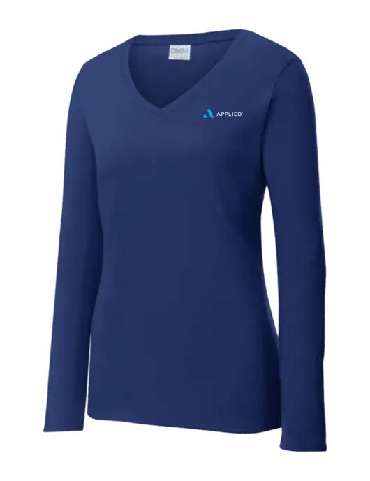 Womens  V-Neck Ring Spun Navy 4.5 oz Long Sleeve T-Shirt w/Applied Logo
