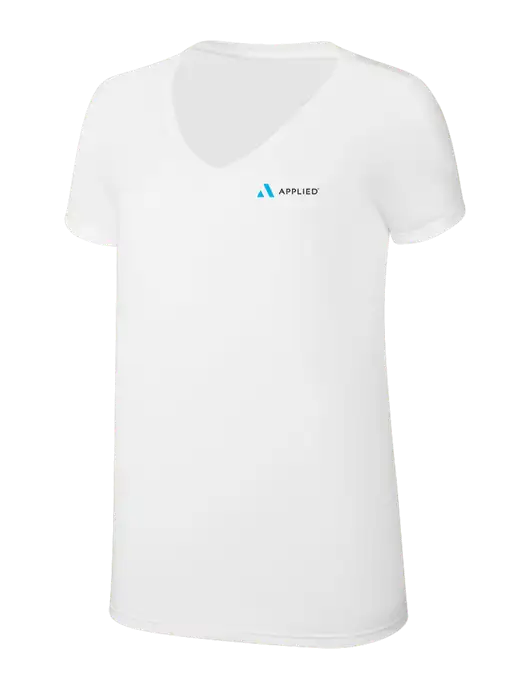 Womens Simply Soft V-Neck White 4.5oz  Poly/Combed Ring Spun Cotton T-Shirt w/Applied Logo
