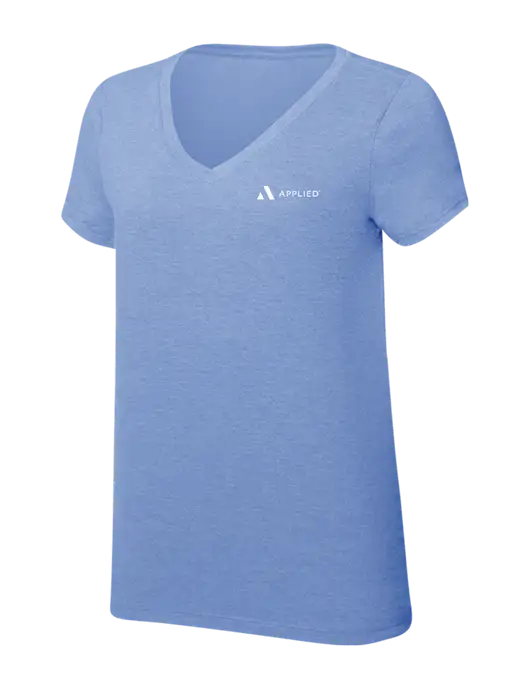 Womens Simply Soft V-Neck Maritime Frost 4.5oz  Poly/Combed Ring Spun Cotton T-Shirt w/Applied Logo