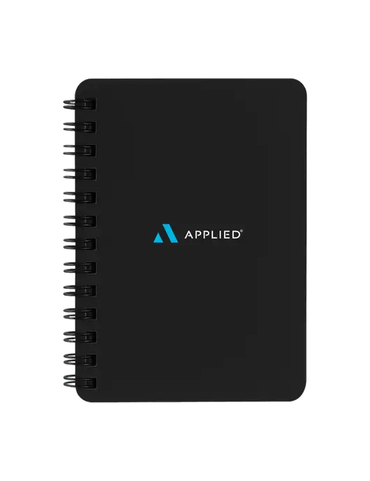 Sturdy Black Hardcover Notebook, 5.25 x 7 w/Applied Logo