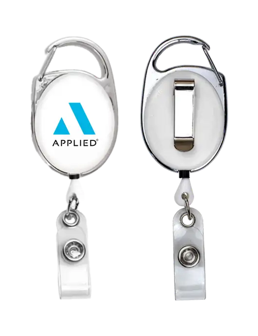 White Carabiner Style Badge Reel and Badge Holder w/Applied Logo