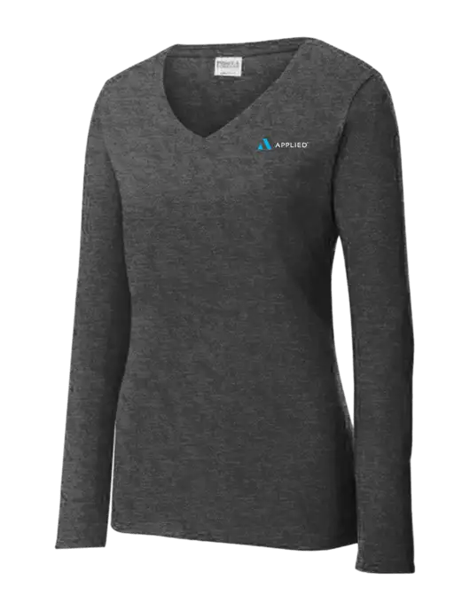 Womens  V-Neck Ring Spun Dark Heather Grey 4.5 oz Long Sleeve T-Shirt w/Applied Logo