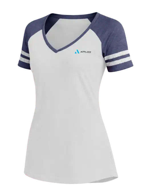 Womens White/Navy Heather V-Neck Game Tee w/Applied Logo