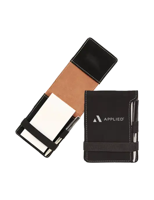 Black Leatherette Mini Notepad with Pen,  3.25 x 4.75 w/Applied Logo