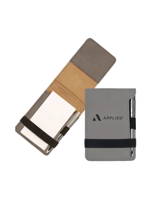 Grey Leatherette Mini Notepad with Pen,  3.25 x 4.75 w/Applied Logo