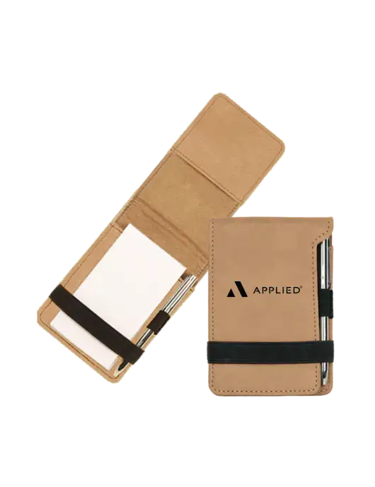 Tan Leatherette Mini Notepad with Pen,  3.25 x 4.75 w/Applied Logo