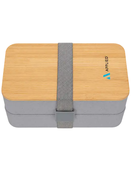 Double Decker Light Medium Grey Lunch Box w/Eco-Friendly FSC Bamboo Lid & Reusable Utensils w/Applied Logo