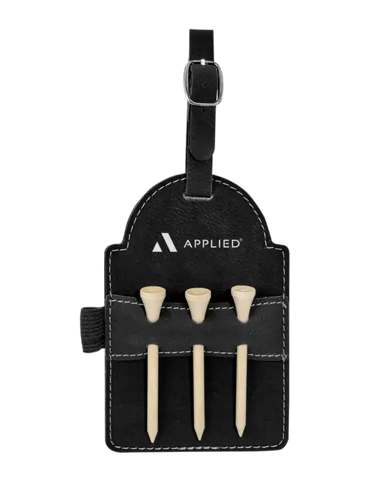 Black Leatherette Golf Bag Tag with 3 Wooden Tees w/Applied Logo