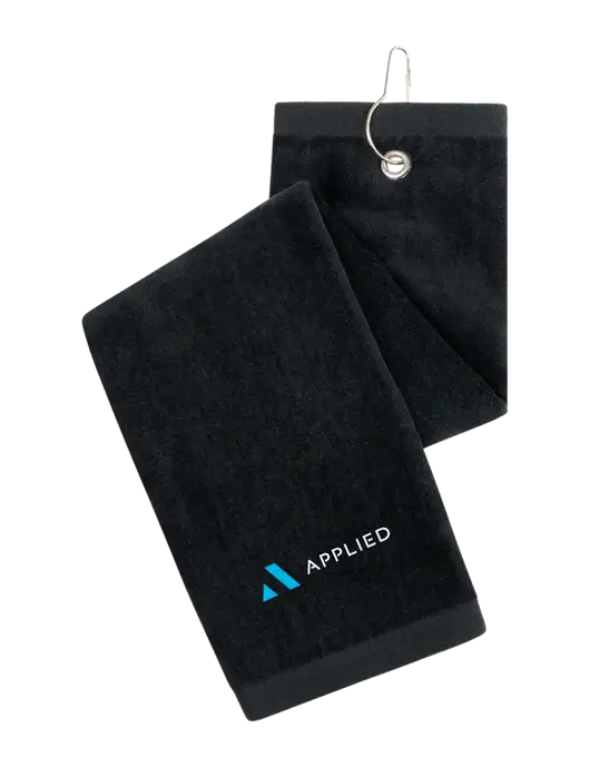 Black Tri-Fold Golf Towel with Grommet w/Applied Logo
