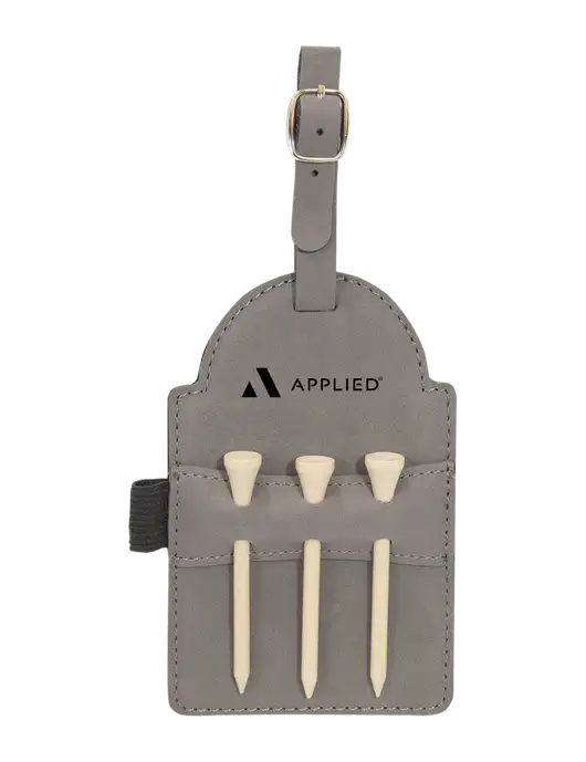 Grey Leatherette Golf Bag Tag with 3 Wooden Tees w/Applied Logo